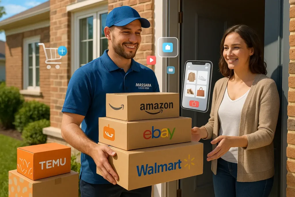 Repartidor de Massara Logistics entrega cajas de compras online con logos de TEMU, eBay y Walmart a cliente en su domicilio