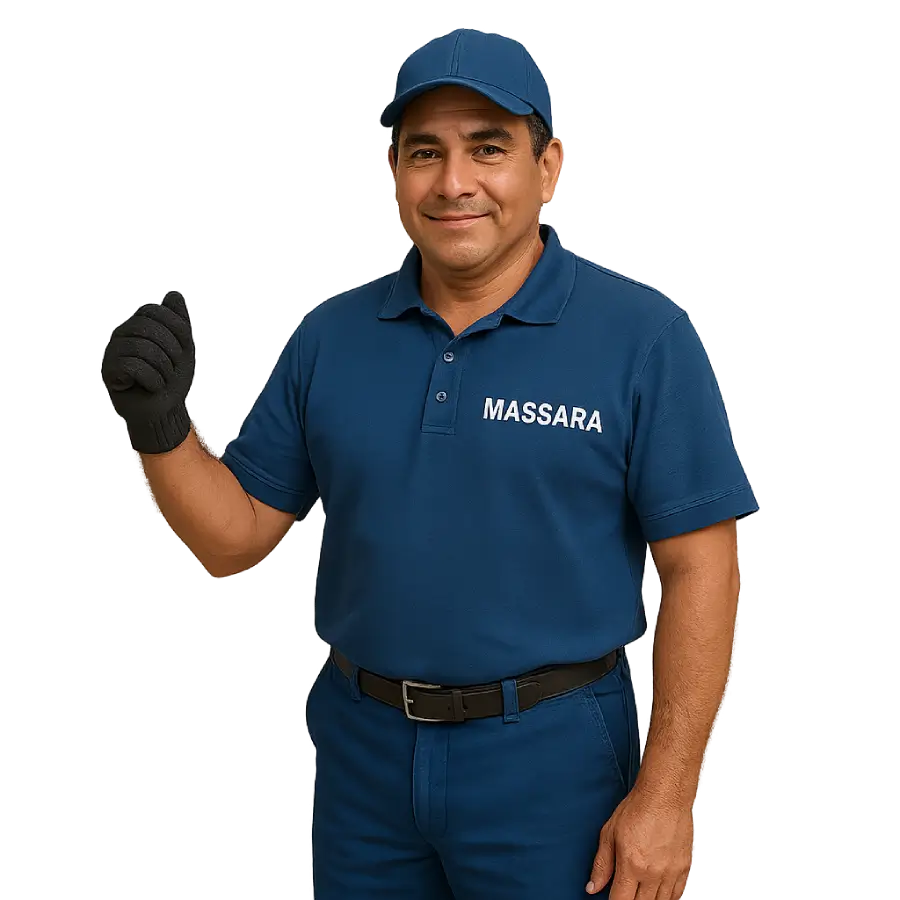 Empleado de Massara Logistics con uniforme y guantes sosteniendo un paquete en almacén