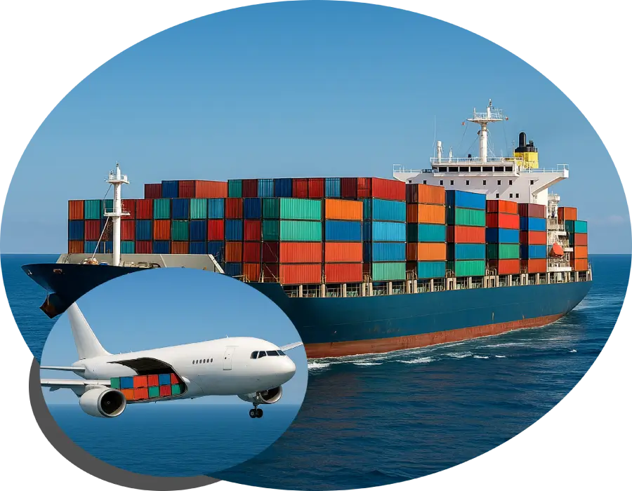 Contenedor de carga en barco junto a un avión de transporte aéreo – logística internacional Massara