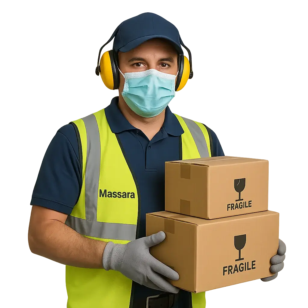 Empleado de Massara Logistics con chaleco, mascarilla y protectores auditivos sosteniendo cajas marcadas como frágil