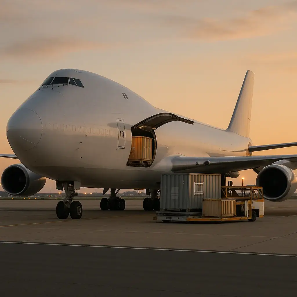 Avión de carga en pista de aeropuerto al atardecer – servicio de carga aérea internacional de Massara Logistics