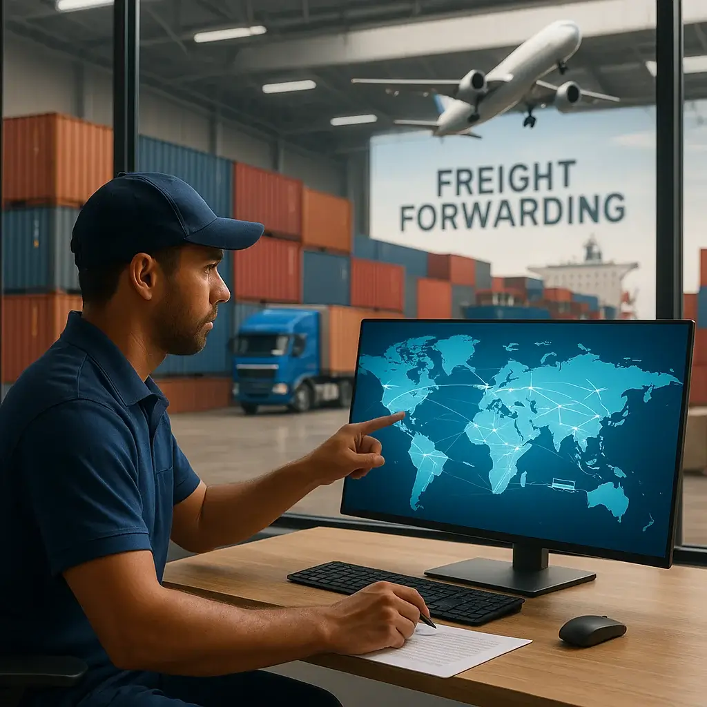 Especialista en logística de Massara Logistics señalando un mapa mundial en pantalla – servicio de freight forwarding internacional