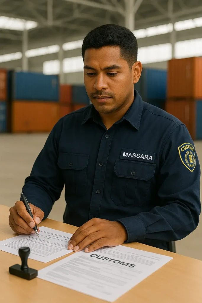 Agente aduanal de Massara Logistics sellando y revisando documentos de importación en oficina de aduanas