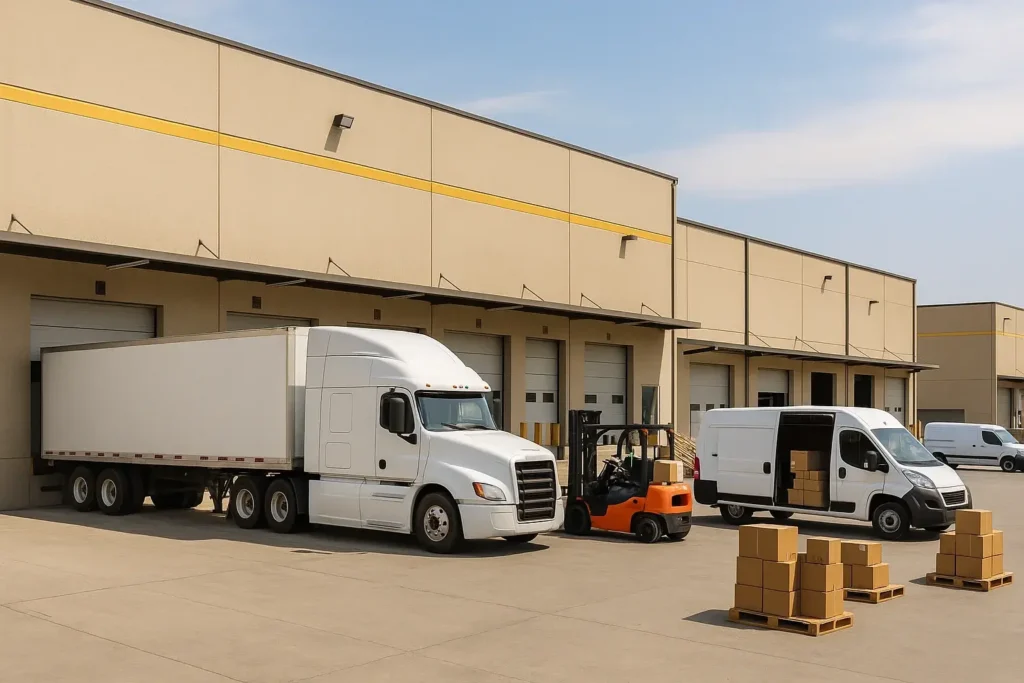 Camiones de Massara Logistics cargando mercancía en muelle de almacén – servicio de transporte terrestre y distribución